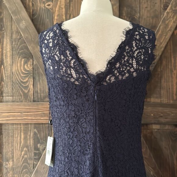 Adrianna Papell Elegant Sleeveless Lace Trumpet Navy Gown - Picture 8 of 17